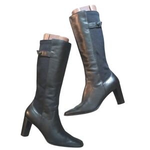 Nicole Thahlia Black Leather Heeled Boots Women's Knee High Leather Boots Sz 9.5